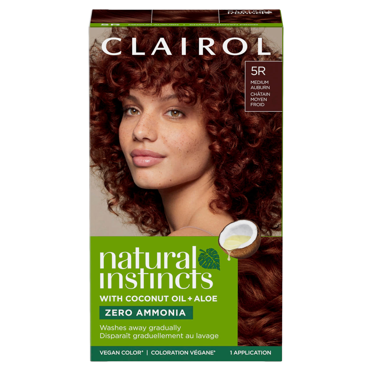 Clairol box front showing 5R medium auburn and kit benefits for easy selection