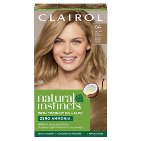 Clairol Natural Instincts front packaging showing shade 8A medium cool blonde and benefits