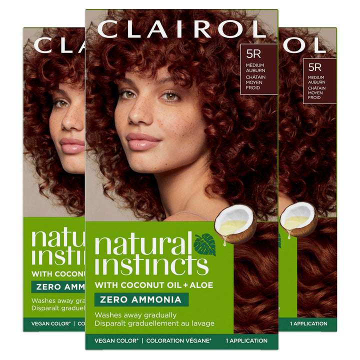 Clairol Natural Instincts front packaging shows medium auburn shade and benefits