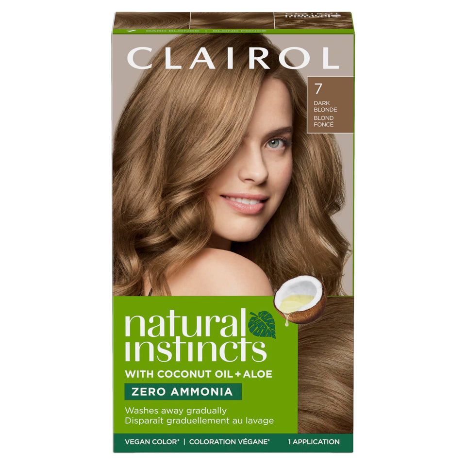 Clairol Natural Instincts front packaging showing the 7 Dark Blonde shade and benefits