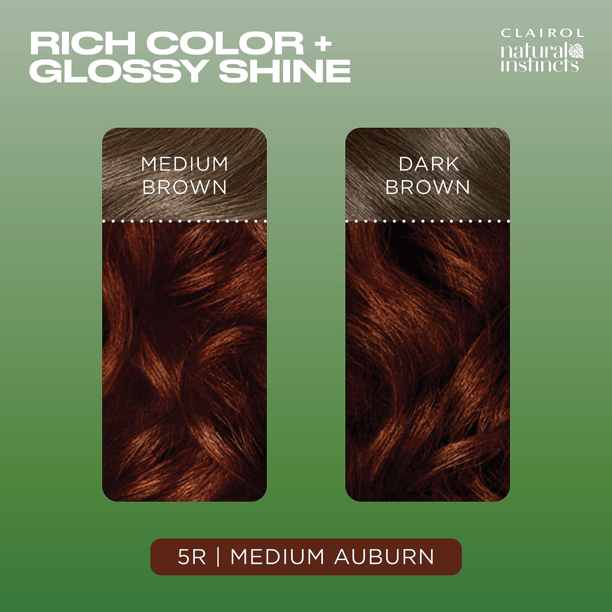 Before and after hair shot showing Clairol 5R medium auburn for visible warm color change