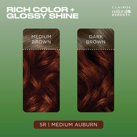 Before and after hair shot showing Clairol 5R medium auburn for visible warm color change