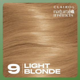 Shade swatch 9 Light Blonde sample strip showing Clairol color outcome
