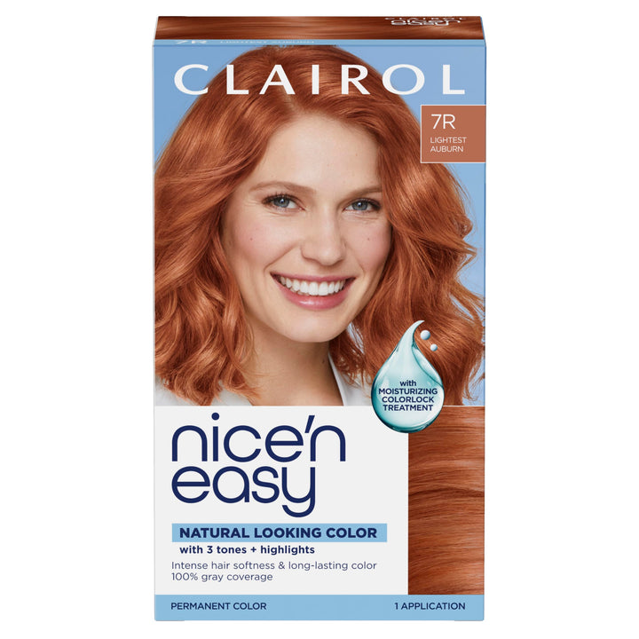 Clairol Nice'n Easy front packaging showing shade 7R and benefits