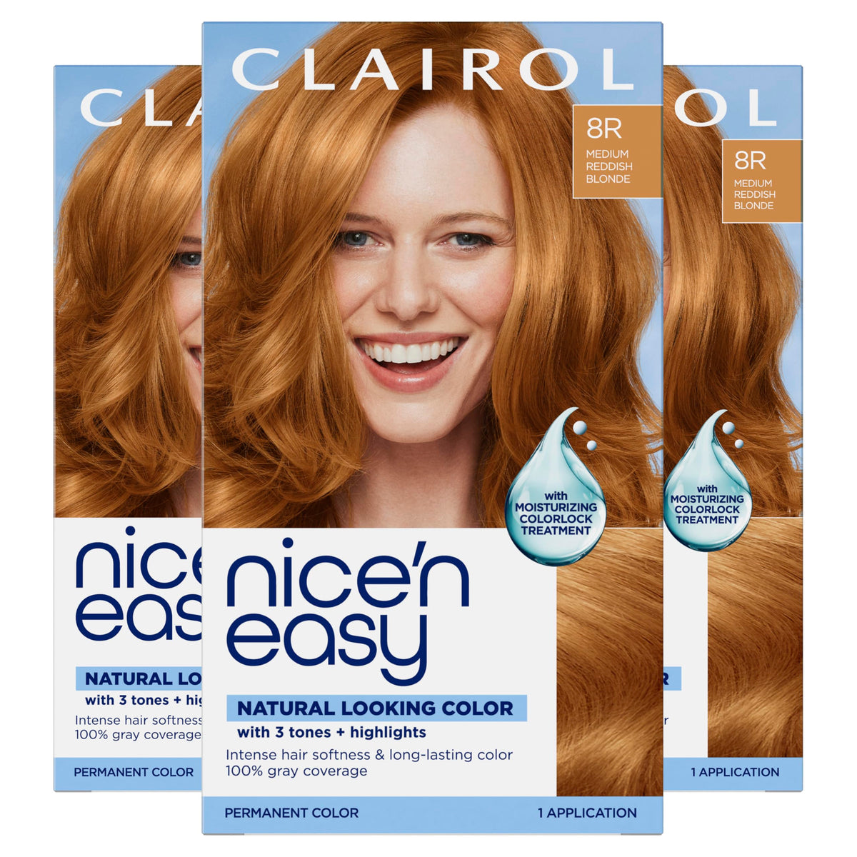 Clairol Nice'n Easy front box showing shade 8R, clear shade guide and packaging benefit