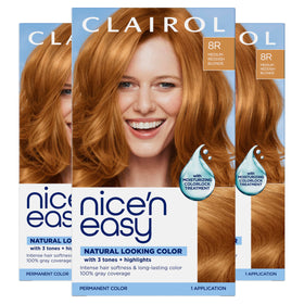 Clairol Nice'n Easy front box showing shade 8R, clear shade guide and packaging benefit