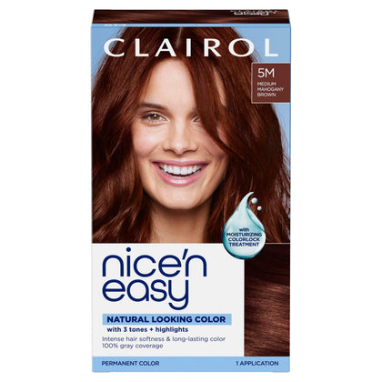 Clairol Nice'n Easy front box showing 5M medium mahogany brown for quick identification and confidence