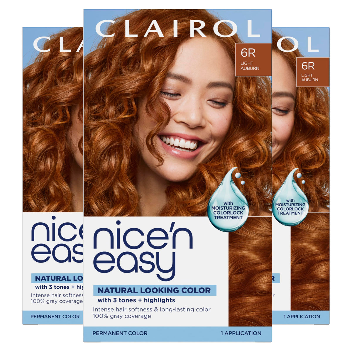 Clairol Nice'n Easy front packaging showing shade 6R Light Auburn and benefits