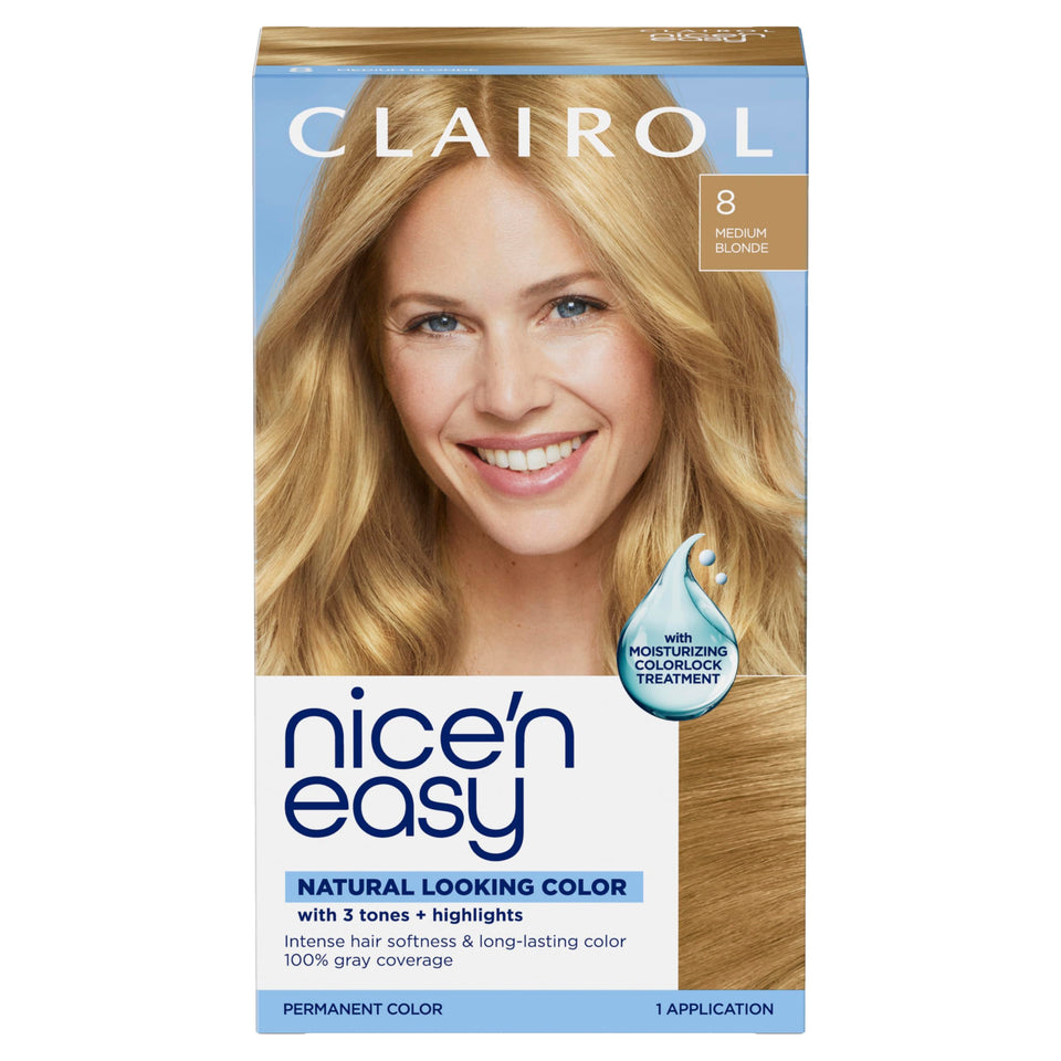Clairol Nice'n Easy front packaging showing product and shade number, clear shade choice benefit