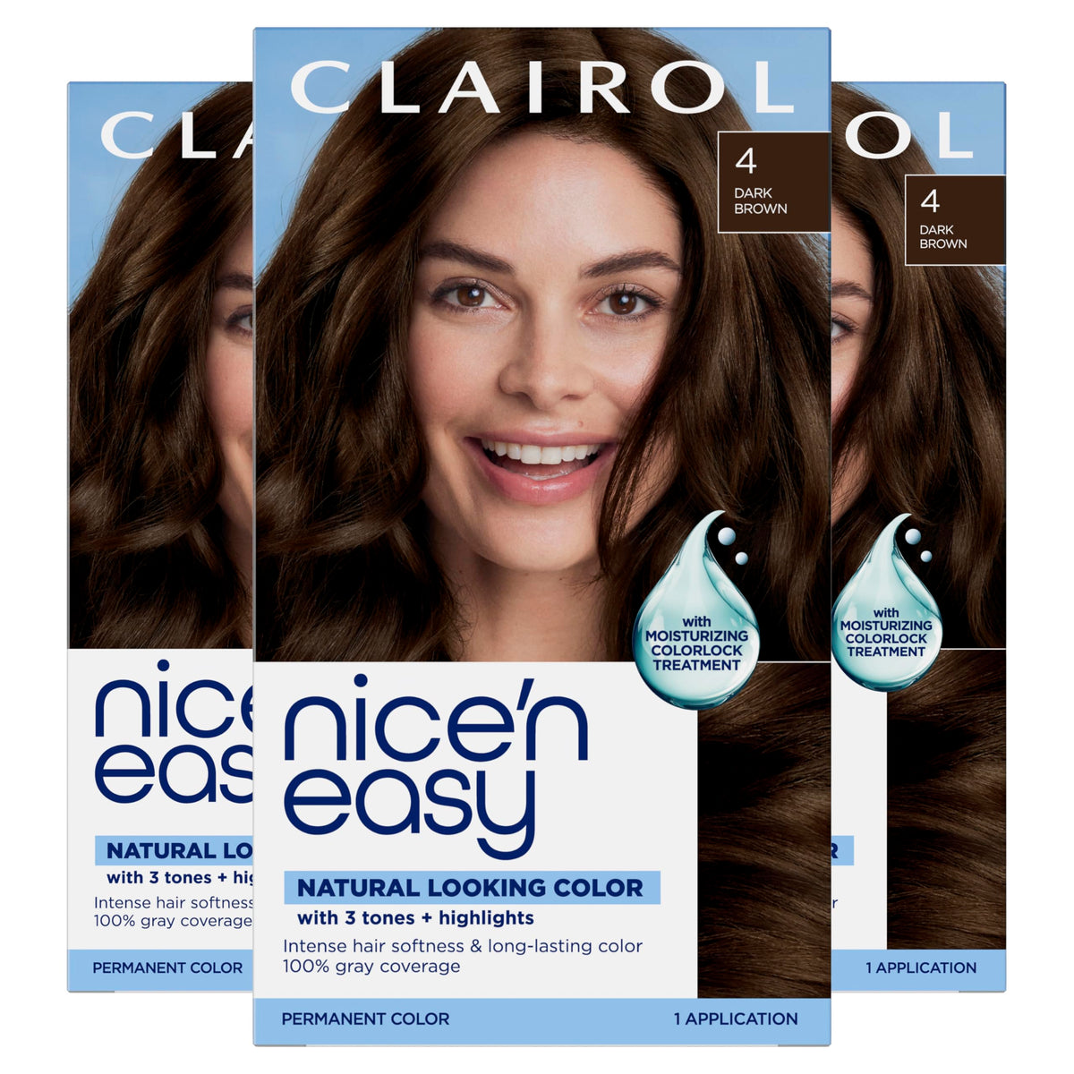 Clairol Nice'n Easy front box showing shade 4 Dark Brown and benefits