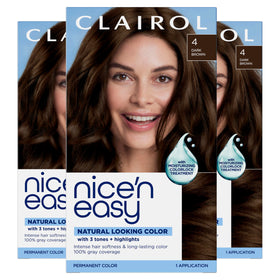 Clairol Nice'n Easy front box showing shade 4 Dark Brown and benefits