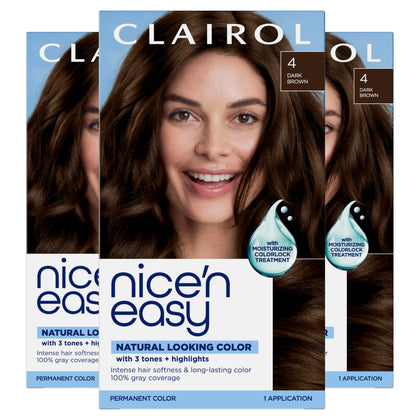 Clairol Nice'n Easy front box showing shade 4 Dark Brown and benefits