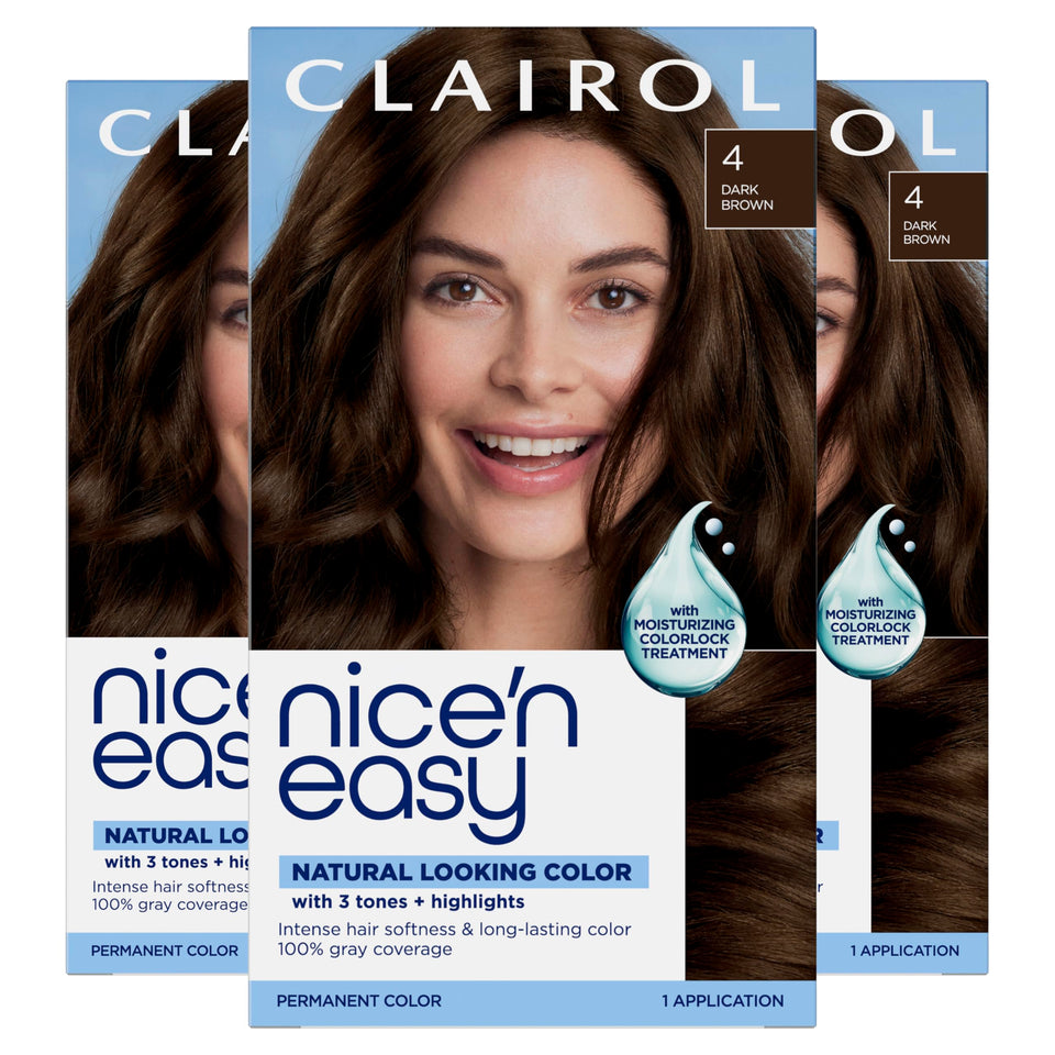 Clairol Nice'n Easy front box showing shade 4 Dark Brown and benefits