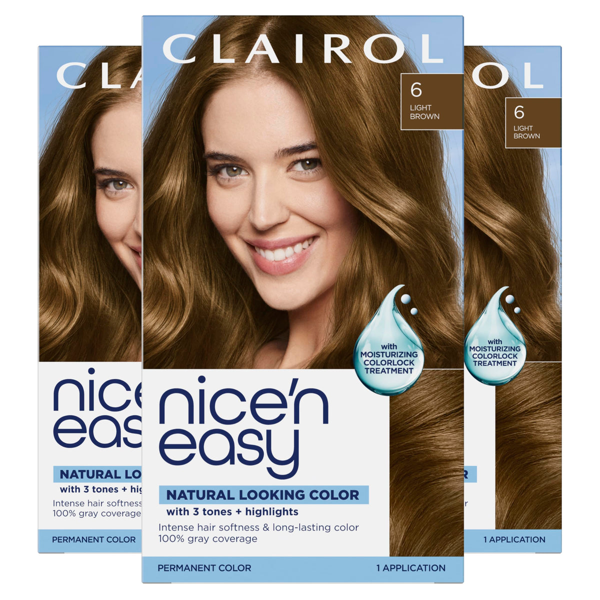 Clairol Nice'n Easy front box showing shade 6 Light Brown and pack of three for easy selection and supply