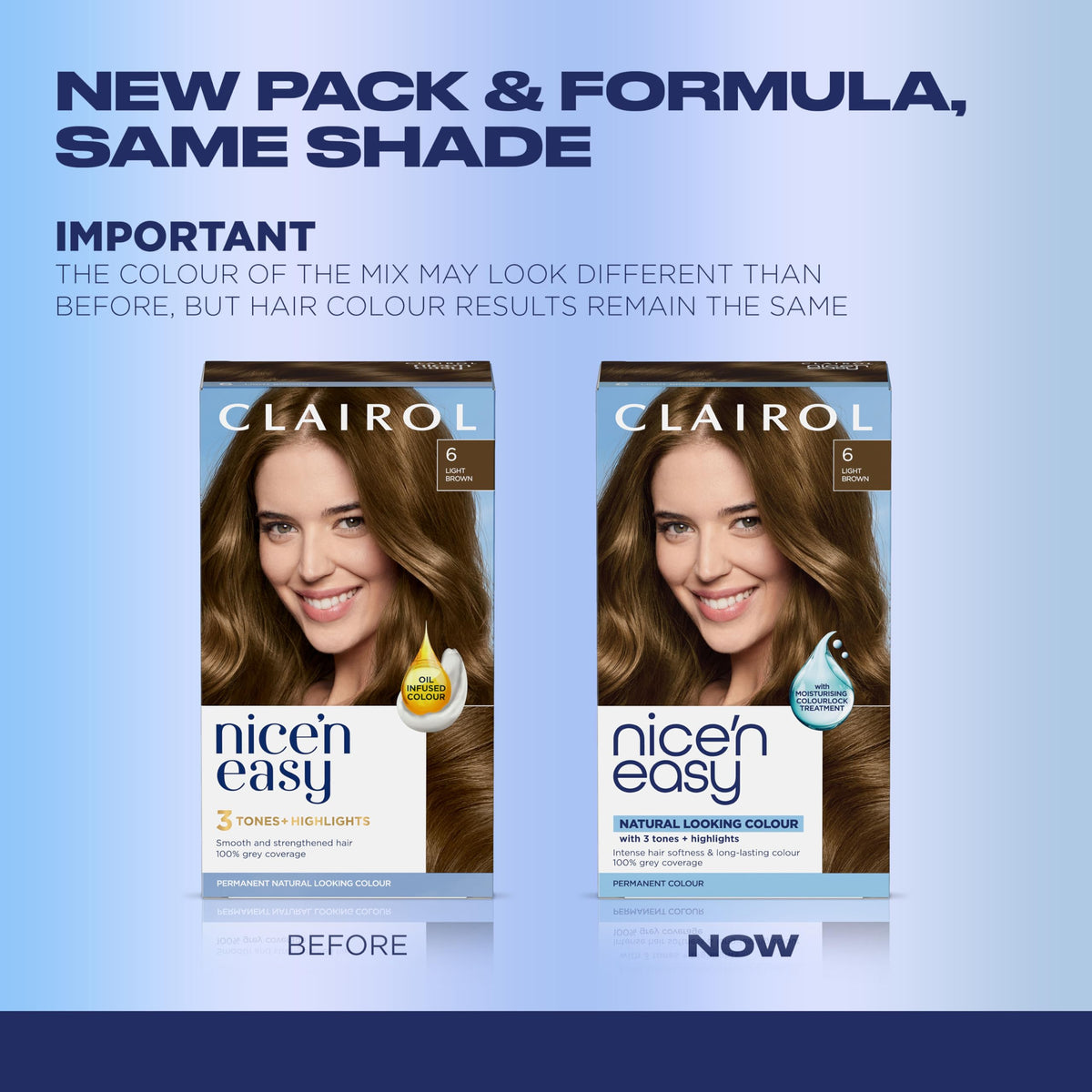 Clairol Nice'n Easy open kit contents showing developer, colorant, gloves, and instructions for convenient at-home use