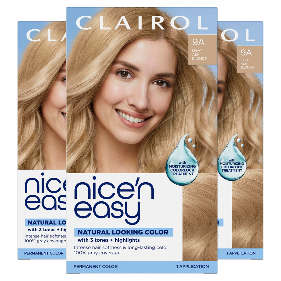 Clairol Nice'n Easy front packaging showing shade 9A light ash blonde and benefits