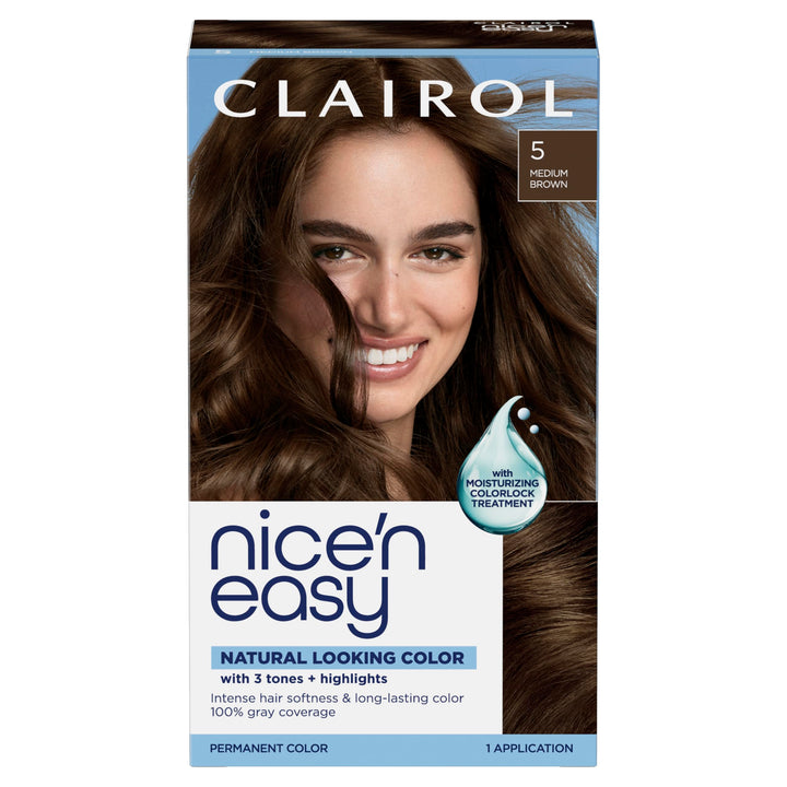 Clairol packaging front showing shade 5 Medium Brown for easy selection