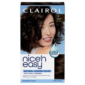 Clairol packaging front showing 3 Brown Black shade and benefits