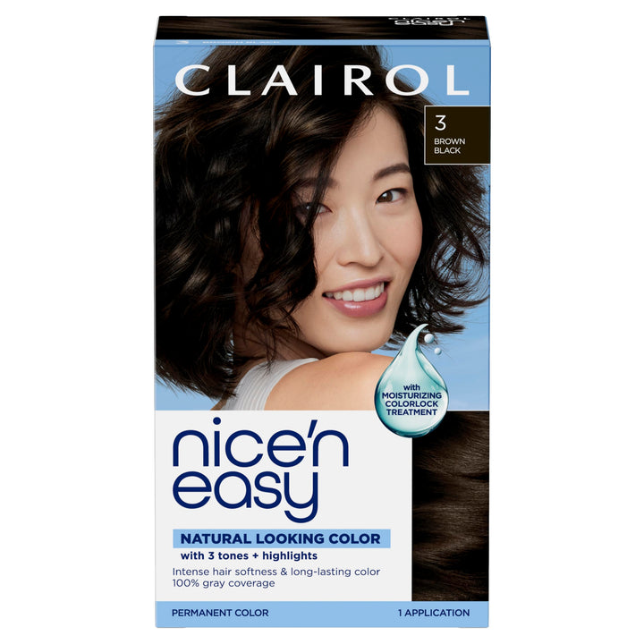 Clairol packaging front showing 3 Brown Black shade and benefits