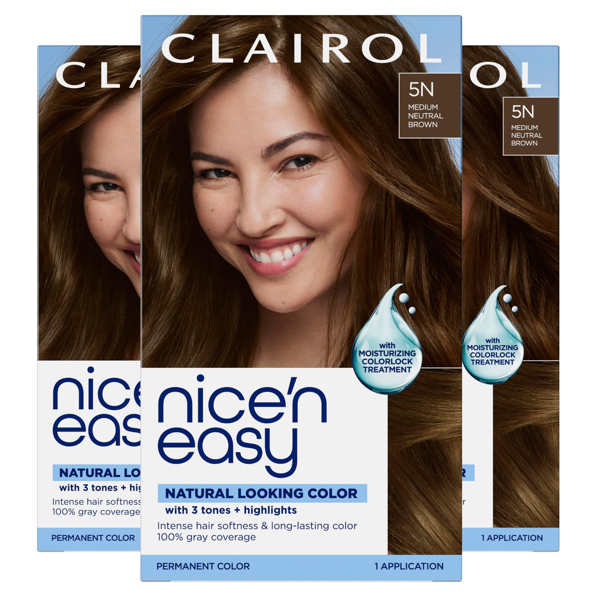 Clairol Nice'n Easy front packaging showing shade 5N and benefits