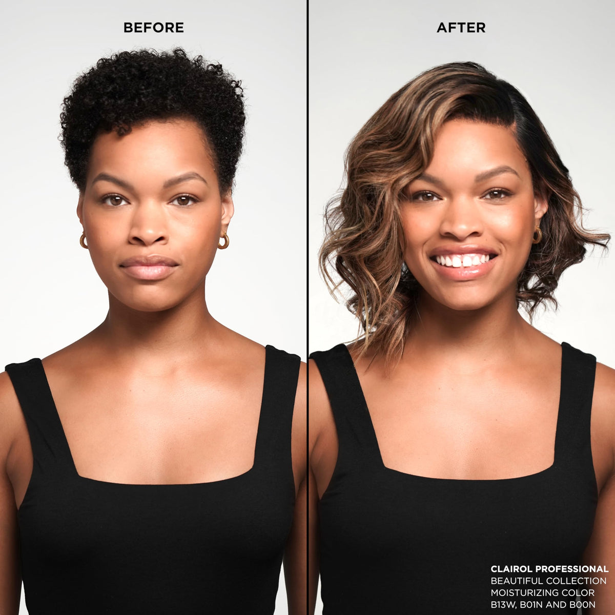 Clairol Professional before and after hair comparison showing richer warm brown tone