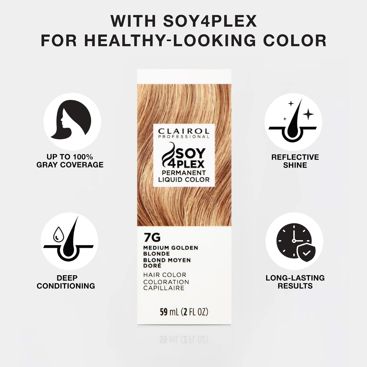 Clairol Professional 4N finished hair close-up highlighting reflective shine benefit