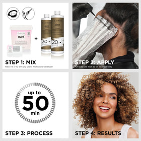 Side-by-side before and after using Clairol Professional showing brighter, clearer lift