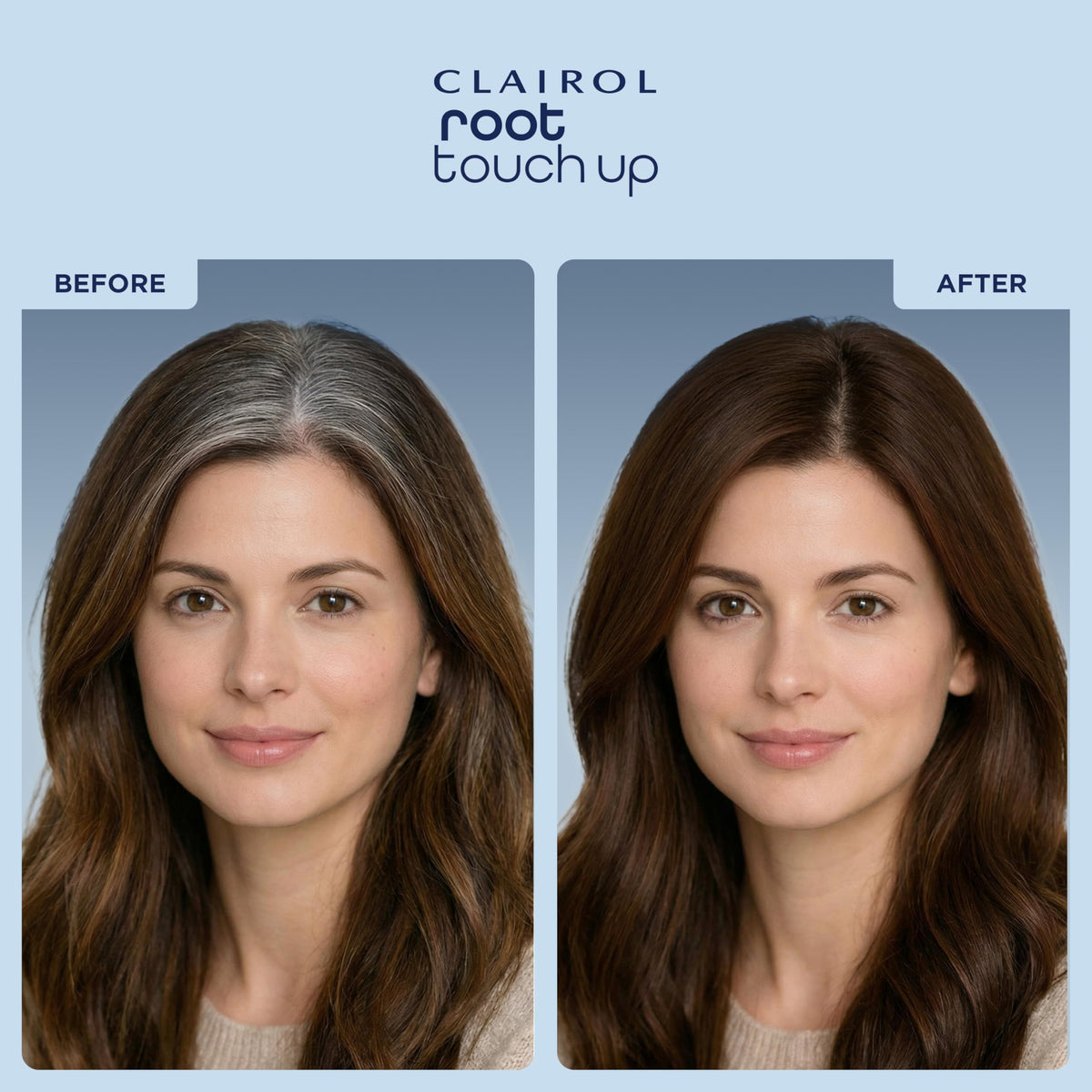 Clairol before and after roots showing transformed regrowth coverage