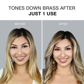 Hand holding Clairol conditioner demonstrating size and easy application for toning