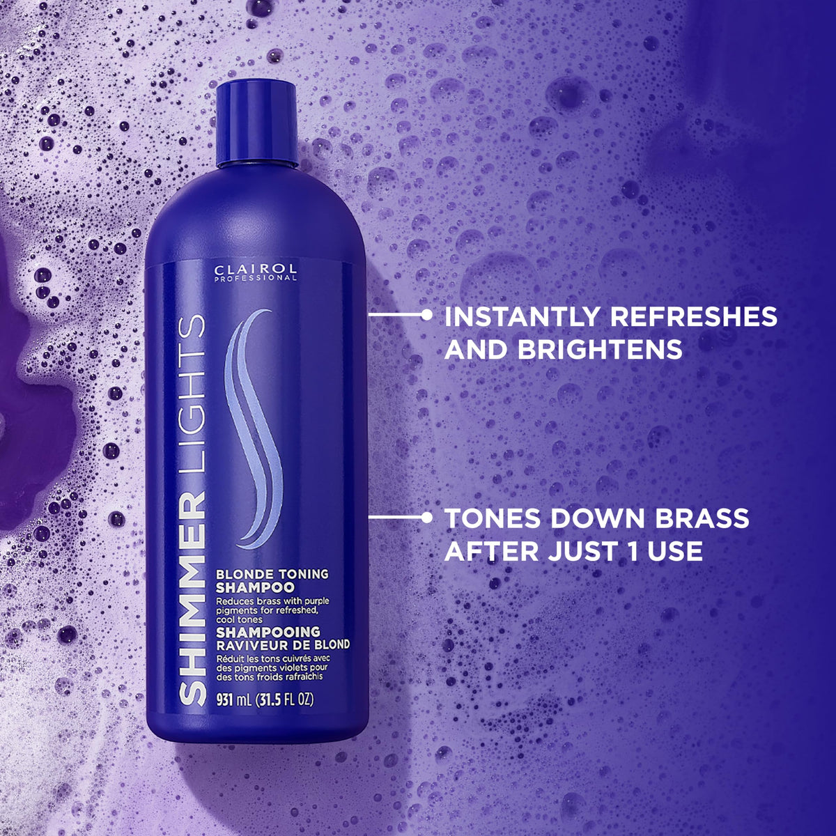 Close-up foam texture of Clairol Professional purple shampoo for gentle toning