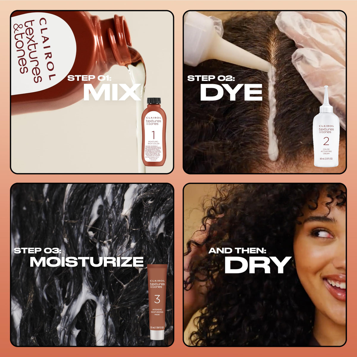Clairol Textures & Tones color swatches on textured hair showing warm dimension