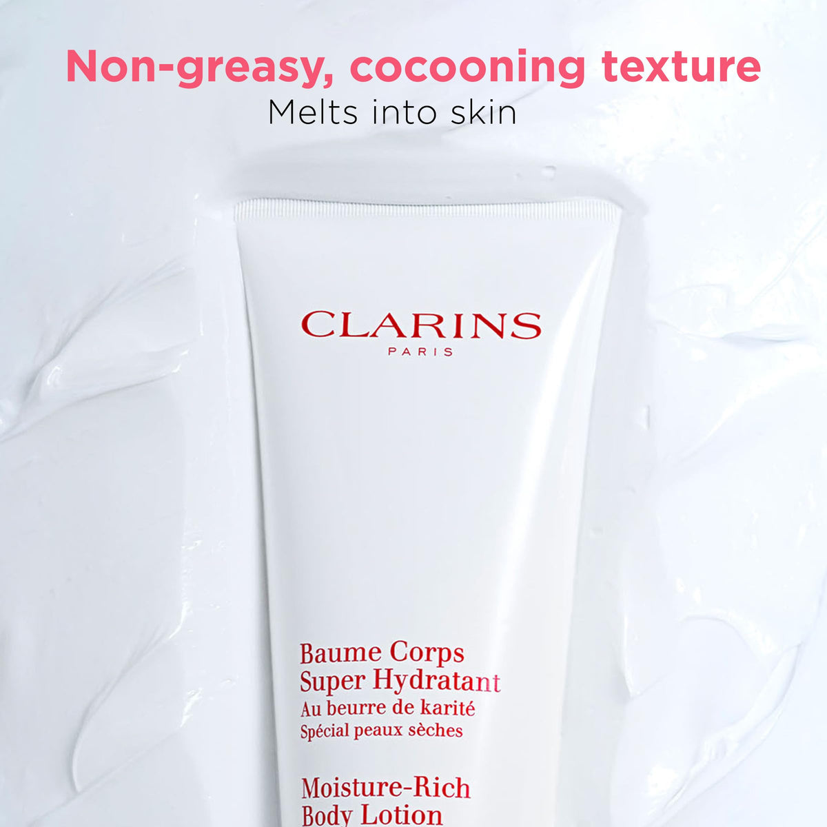 Clarins lotion applied on arm showing fast absorption benefit