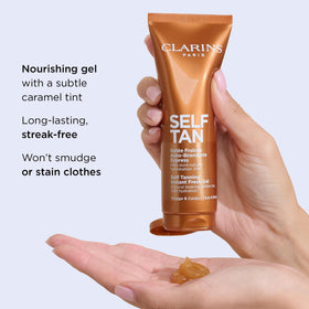 Clarins gel being applied to forearm for even, streak-free color