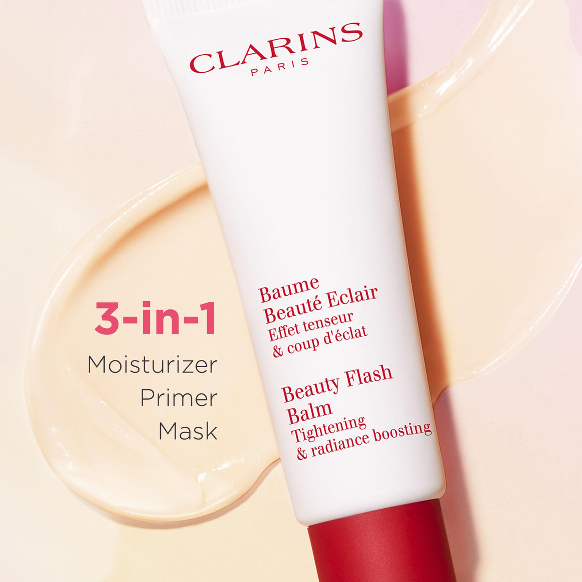 Clarins model before and after using balm for visible radiance
