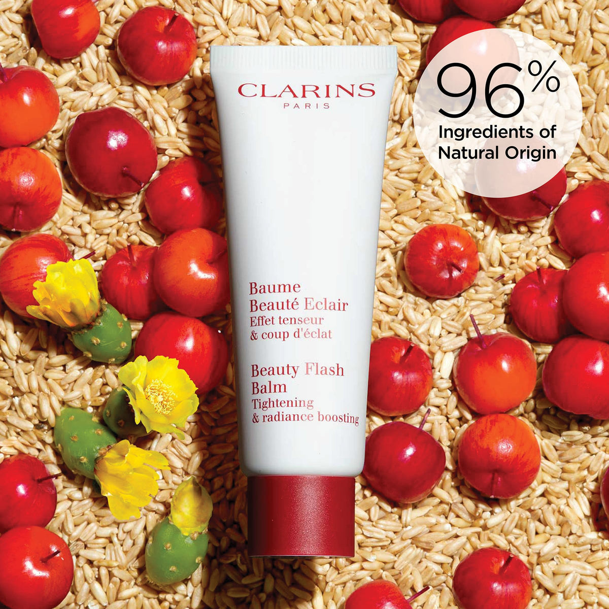 Clarins jar beside coin to show size and travel‑friendly benefit