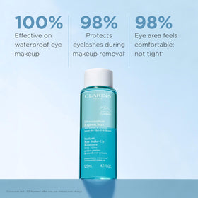 Clarins bi-phase bottle shaken to show mixed phases for effective removal