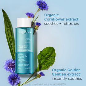 Clarins product on cotton pad pressed to eyelid demonstrating gentle makeup removal