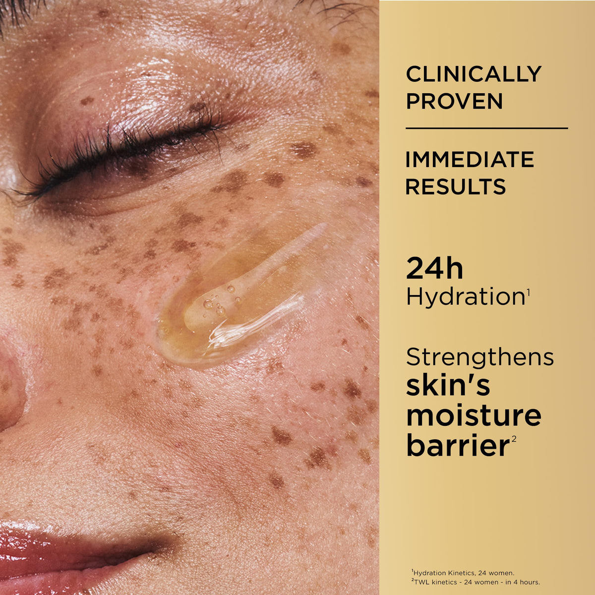 Clarins applying serum to neck and face promoting even coverage and absorption benefit