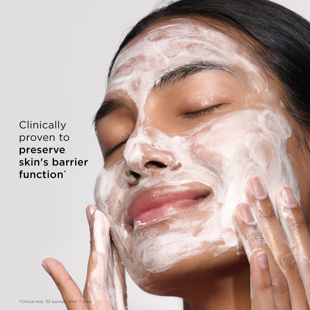Clarins foam on hand demonstrating lightweight lather and softening