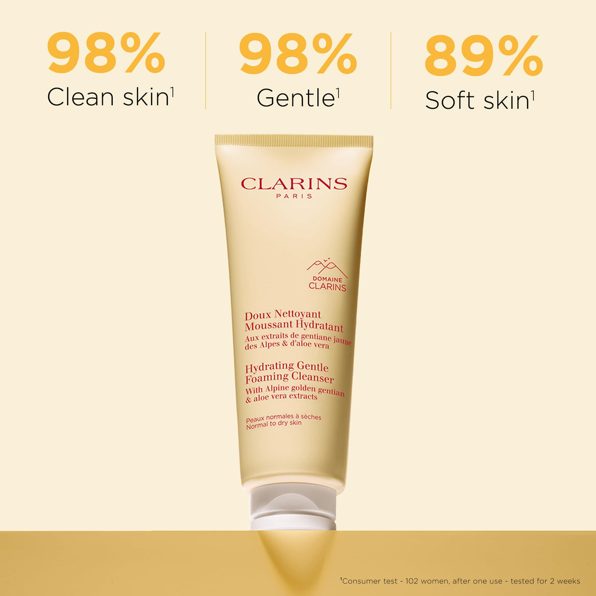 Clarins dispensing foam from pump for easy, hydrating daily cleansing