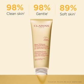 Clarins dispensing foam from pump for easy, hydrating daily cleansing
