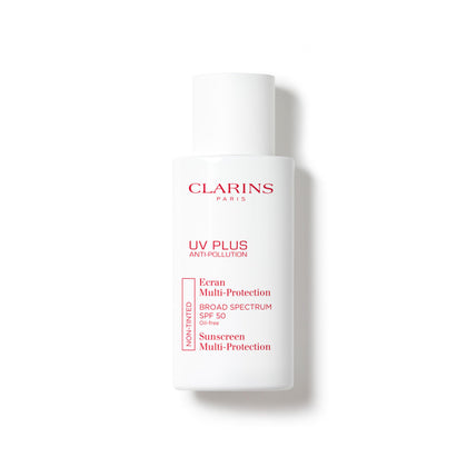 Clarins front tube of UV Plus SPF 50 showing product branding and benefit
