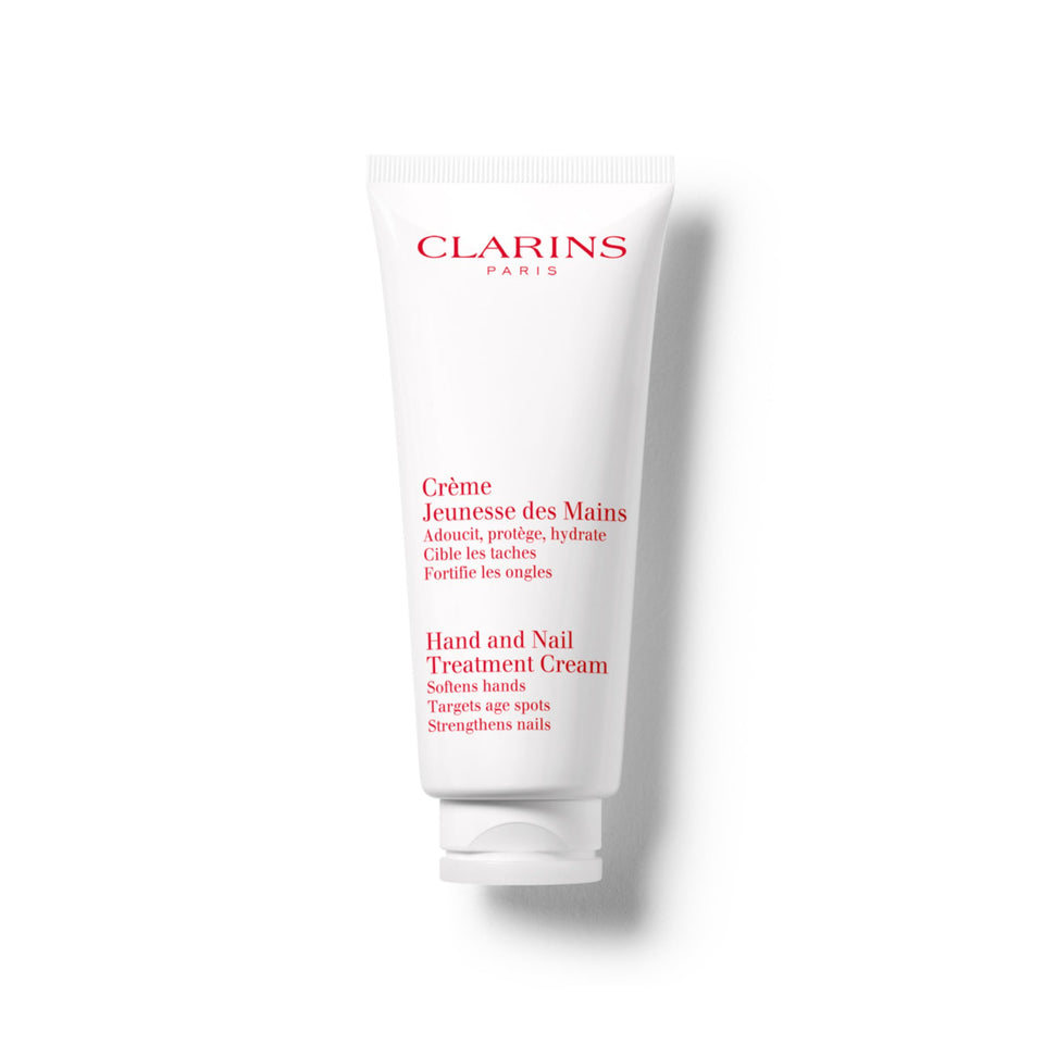 Clarins hand and nail treatment cream tube front view showing brand and size, nourishing benefits