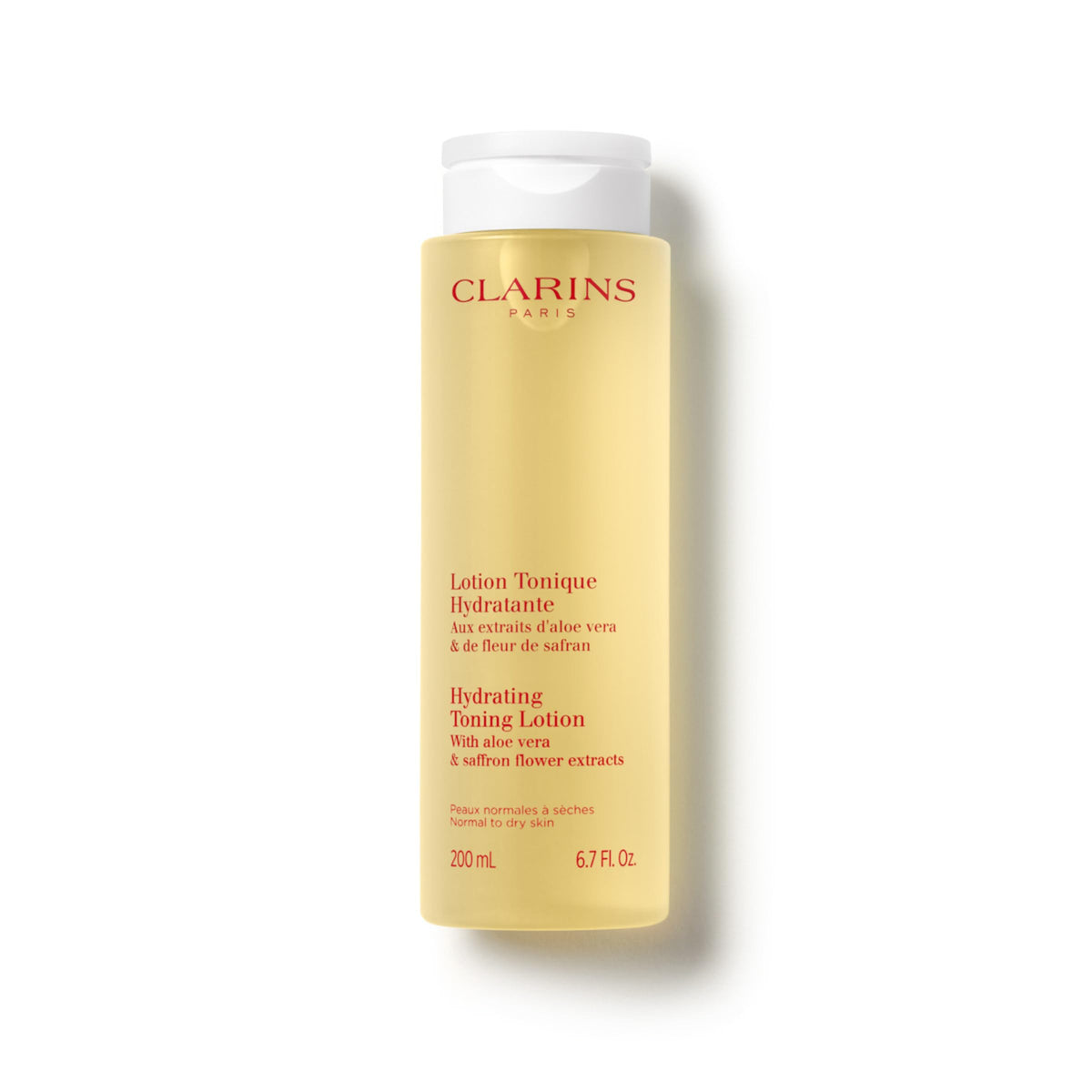 Clarins front bottle showing clean design and hydration benefits
