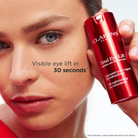 Clarins Total Eye Lift with Organic Harungana extract bottle highlighting botanical efficacy