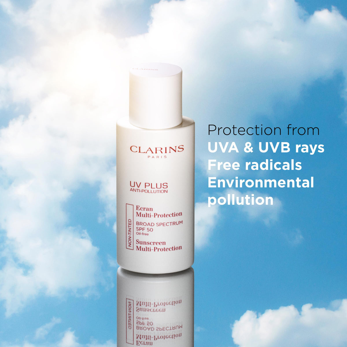 Clarins label and packaging close-up highlighting Anti-Pollution Complex and SPF