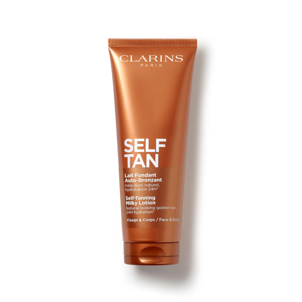 CLARINS front packaging of milky lotion showing bottle and label, promotes easy application