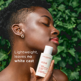 Clarins neck coverage detail illustrating full face and neck protection benefit