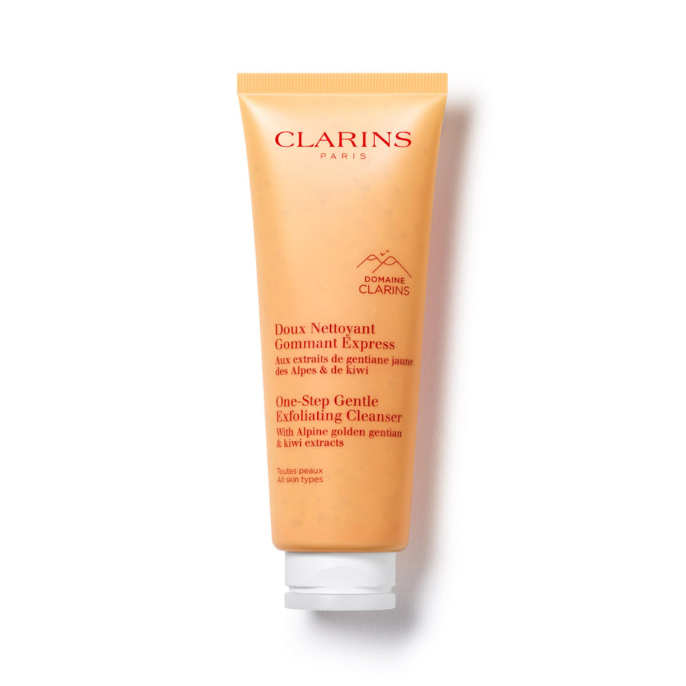 Clarins front tube view showing product branding and size 4.3 oz, highlighting convenience