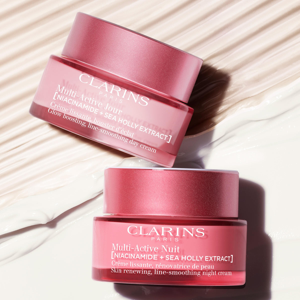Clarins open jar top view revealing smooth cream and hygienic consistency